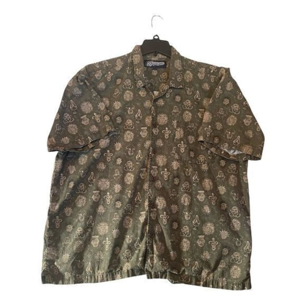 Vintage Mens Squared Short Sleeve Button Down Hawaiian Style Shirt Size XL Mayan